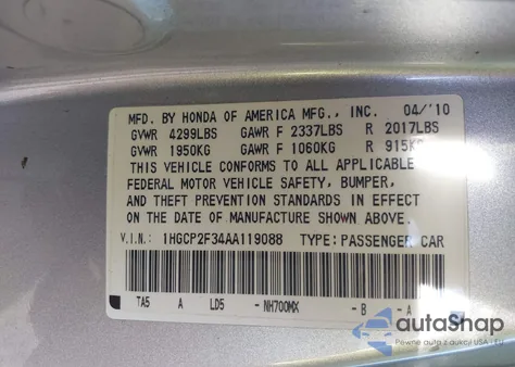 2010 Honda Accord 2.4 Lx z USA, uszkodzony, nr VIN 1HGCP2F34AA119088